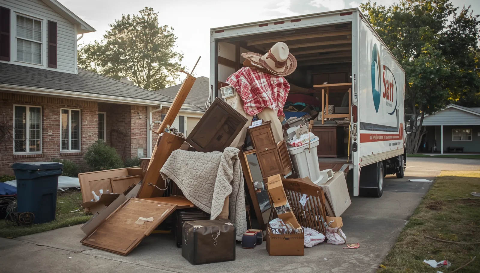 Driveway packed with old furniture, cabinets, mattresses and household items next to a residential junk removal truck